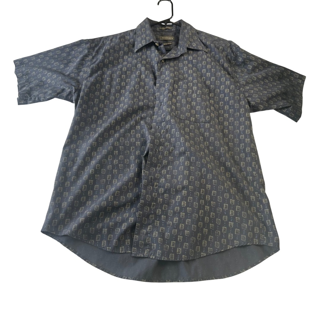 Van Heusen Mens Navy Geometric Square Print Short Sleeve Button Down Shirt M